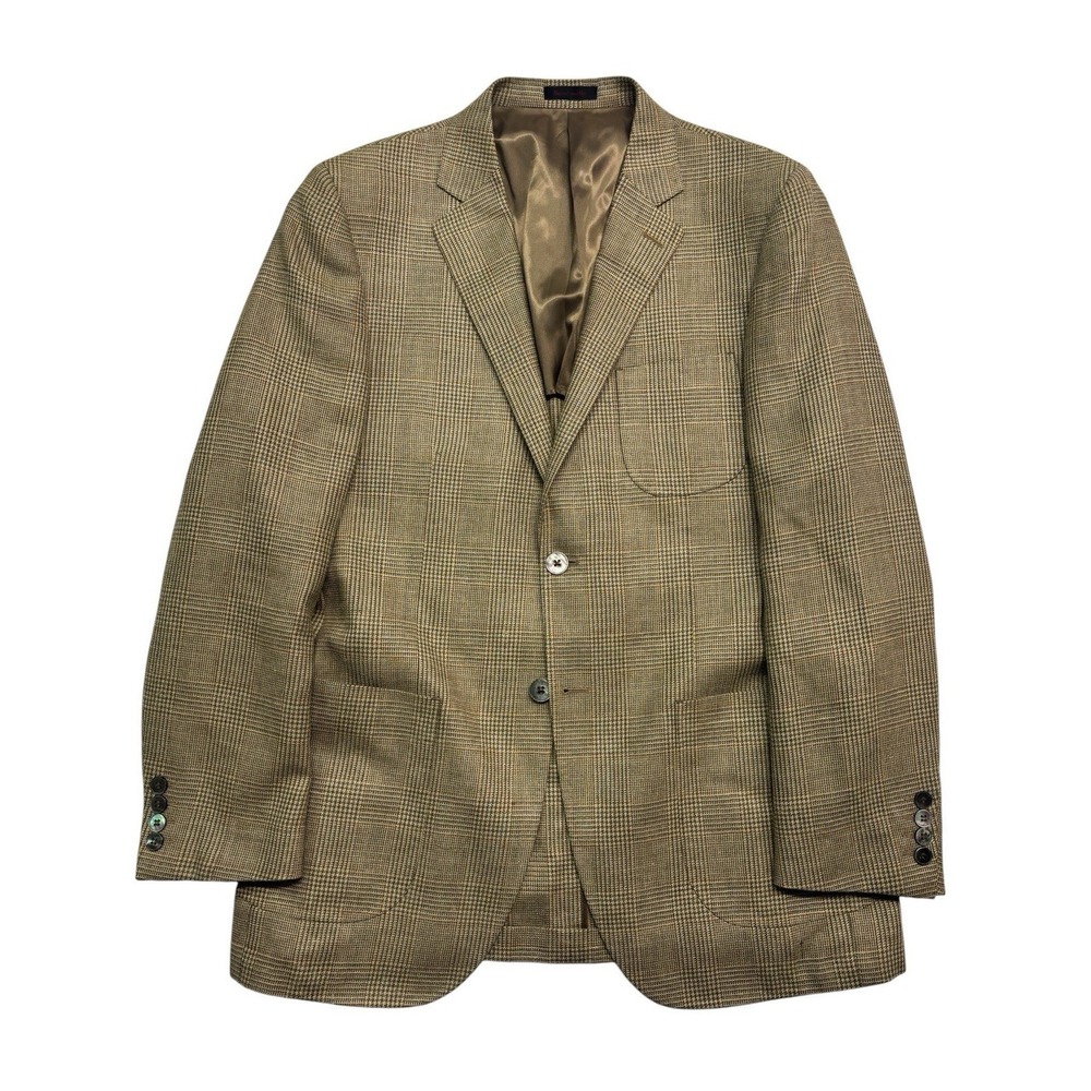 Byron British Style 50R USA 40R Tan Glen Plaid Blazer Jacket Silk Linen Wool